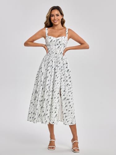 Image of KUTUMAI Floral Corset Midi Dress Flowy Slit Summer Spring Wedding Guest Dresses for Women Sundress with Pockets