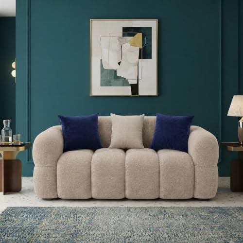 Image of FURNY Luxury Nimbus 2 Seater Bubble Cloud Sofa Set for Living Room | Boucle Weave Fabric Upholstered | Modern Cushioned Comfortable Couch for Home Office & Drawing Room | Sandstone Beige