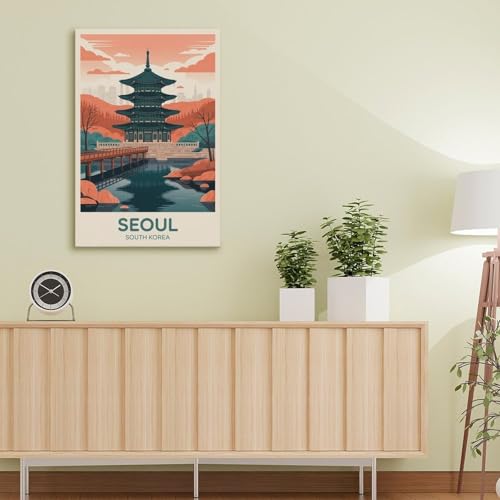 Poster voyage Séoul vintage 50x75 cm : grande affiche paysage coréen pour déco murale salon