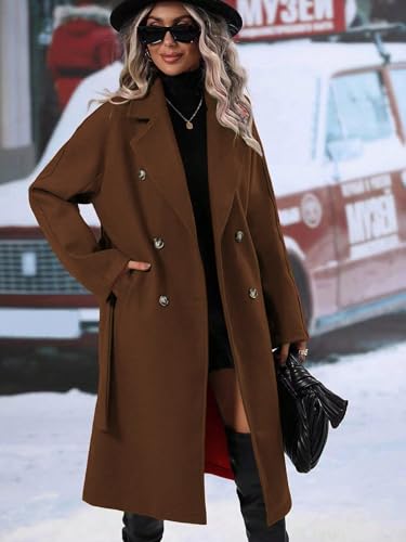 utcoco Womens Long Wool Pea Coat Notched Lapel Double Breasted Trench Coat Winter Warm Overcoat with Belt3