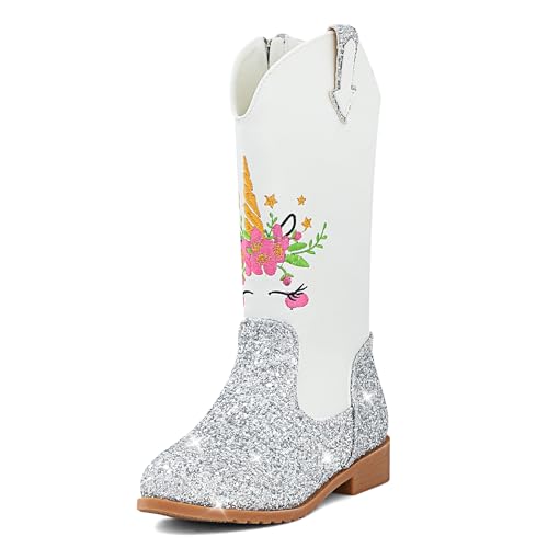 ESTAMICO Girls Cowgirl Boots Glitter Princess Shoes Mid Calf Zipper Square Toe Western Cowboy Boot for Toddler/Little Kid/Big Kid