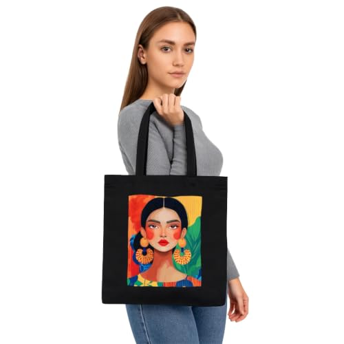 Image of Black Tote Bag With Pocket Printed Designed Canvas Tote Bags For Women large capacity,Tote bag For Shopping, College, Travel, More Canvas Handbag For Unisex Bag