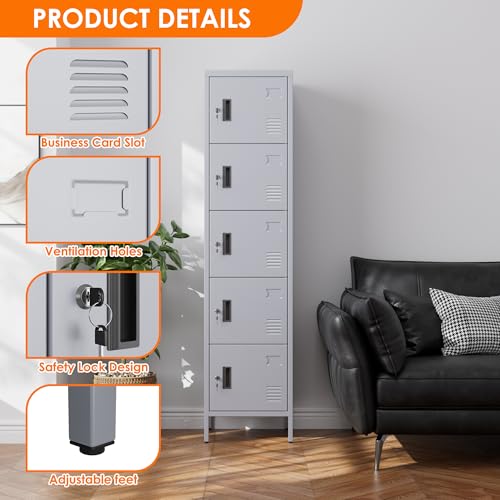 Image of Aobabo 16 inch W 5 Door Metal Storage Locker with Lock, 66 inch H Steel Locker with Name Card Holder and Metal Leg for School, Home, Office, Playroom, Assembly Required, Dark Grey