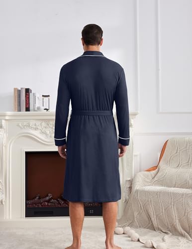 Image of Ekouaer Mens Robes Lightweight Waffle Knit Kimono Bathrobe Long Sleeve Sleepwear Soft Knee Length Robe with Pockets S-3XL