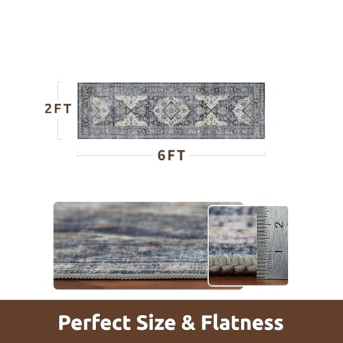 AMOAMI-2X6 Runner Rug-Washable Runners for Hallways-Soft Non Slip Bedside Rugs for Bedroom-Vintage Long Rug for Hallways Entryway Laundry Room Stair Kitchen Bathroom Blue