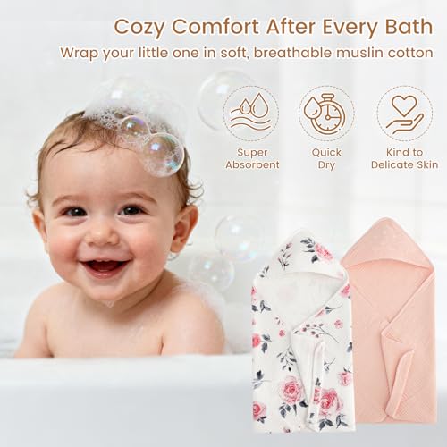 Image of david's kids 2 Pack Baby Hooded Towels, Large 32 inchx32 inch, 6 Layer 100% Muslin Cotton Absorbent Girl Bath Towel for Newborn, Infant and Toddler. Soft and Breathable Baby Essentials, Pink Floral&Rose