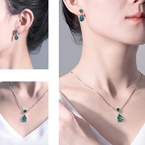 Jiangxin 18"~20" Pear Cut Green Emerald 925 Sterling Silver Pendant Necklace Drop Earrings Jewelry Set For Women Heart Cz Decorated #TOP2