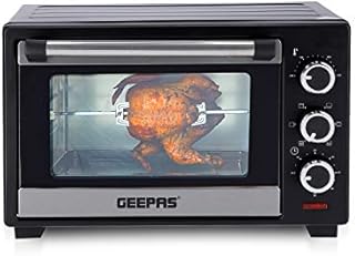 Geepas 19L Mini Oven and Grill  1280W Countertop Electric Cooker with Rotisserie & 60 Mins Timer | 6 Selectors for Baking, Roasting & Grilling | Baking Tray & Wire Rack, Double Glass Door