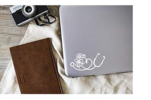 Image of Heart Stethoscope Flower Vinyl Decal | White | Made in USA by Foxtail Decals | for Car Windows, Tablets, Laptops, Water Bottles, etc. | 5.5 x 2.7 inch
