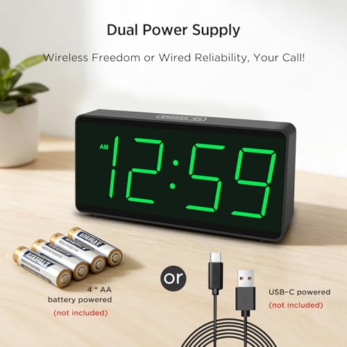 Peakeep Battery Operated Digital Alarm Clock for Bedrooms - Cordless Large Big Numbers 4 Dimmers, Auto Dimming for Seniors, Adjustable Volume Loud Alarm Clock for Heavy Sleepers Adults (Green Digits) - Thumbnail 2