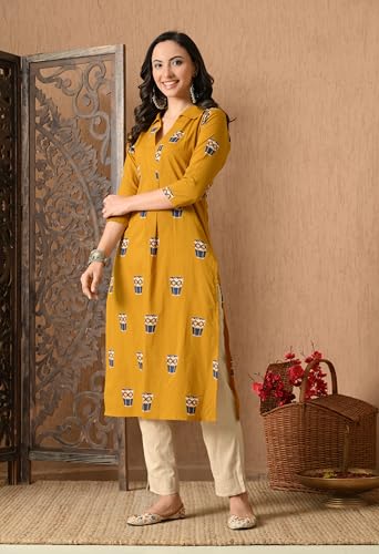 Image of Amazon Brand - Tavasya Women Ethnic Motifs Printed 3 /4th Sleeve Kurta | Straight Fit Shirt Collar Salwar | Everyday Ethnic Wear