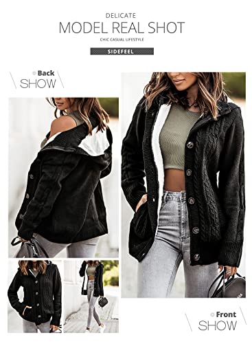Sidefeel Women's Cardigan Hooded Fleece Lined Jackets Winter Cable Knit Sweater Coat Medium Black