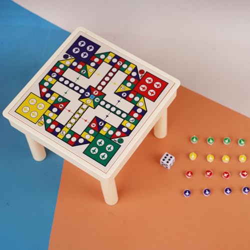 KARLOR Miniatur-Ludo-Spieltisch Set, Tisch mit 4 Stühlen Spielbrett Würfel Spieler, Vintage Bistro Stil Bücherregal Dekoration Miniatur Szene Tischdekoration ab 14 Jahre