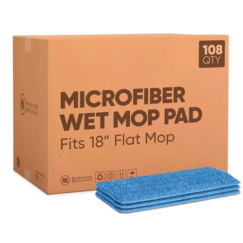 Image of Microfiber Wholesale 18 inch Microfiber Wet Mop Pads, Bulk Case of 108 - Reusable, Machine-Washable Refills with Hook-and-Loop Backing - Fits Standard 18-Inch Flat Mop - Commercial Mop Pad Replacements