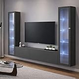 STRUCTURE ET UTILISATION - Meuble TV pour salon composé d'un socle meuble TV, de deux vitrines à cinq étagères et de portes battantes - Le choix des différents meubles qui composent cette composition de salon rendent le design de ce meuble moderne, fonctionnel et peu encombrant - Système d'éclairage LED bleu intégré qui donne une touche de classe au produit - En plus de positionner le téléviseur, vous pouvez personnaliser le mur avec vos bibelots préférés - L'espace l'intérieur des portes est parfait pour ranger vos livres, documents, objets déco ou vaisselle - Ensemble de salon parfait pour décorer un salon, une salle à manger ou une pièce en open space