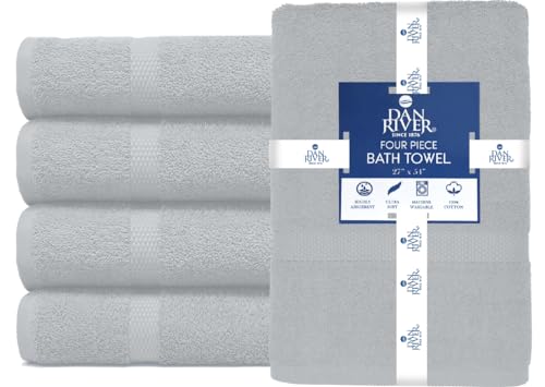 Image of DAN RIVER Bath Towels Set of 4, 27 x 54 Inches, 100% Cotton, Larger & Lighter Weight, Quicker to Dry, Super Soft and Absorbent, Ideal Thick Towels for Daily Use, Silver