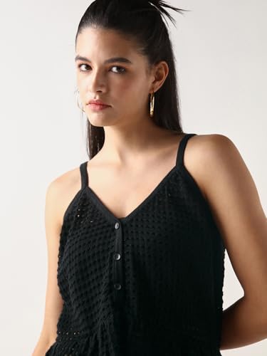 Image of Bewakoof Women's Textured Regular Fit Sleeveless V-Neck 100% Cotton Flat Knit Short Top