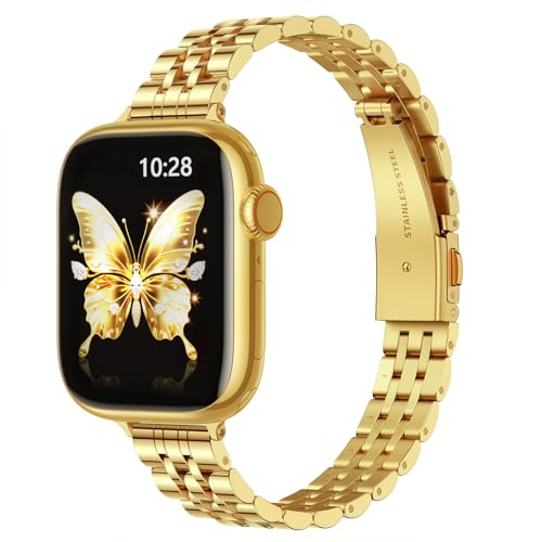 GEARYOU Schlank Metallarmband Kompatibel mit Apple Watch Armband 42mm(Series 11/10) 41mm 40mm 38mm Edelstahl Ersatzband Damen für Apple Watch SE3 SE2 SE iwatch Series 11 10 9 8 7 6 5 4 3 2 1(Gold)