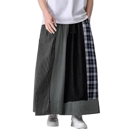 Men Wide Leg Pants Striped Plaid Patchwork Elastic Waist Joggers Trousers Streetwear Casual Male Pants