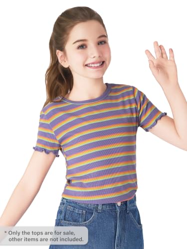 Image of Girls Striped T-Shirt Lettuce Trim Short Sleeve Top Size 6-16 | Soft stretch ribbed knit fabric, breathable blouse,summer outfit for big girls & teen, for school, party and daily activity