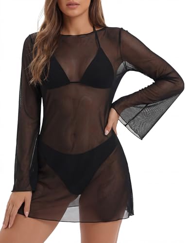 Image of Panegy Women’s Sheer Mesh Dress See Through Bathing Suit Swimwear Blouse Flare Long Sleeve Sexy Beach Cover Ups Black L