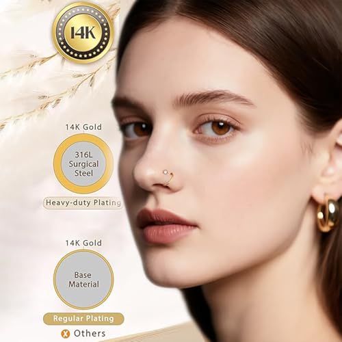 12PCS Hypoallergenic 14K Gold Plated 18G Nose Rings Studs Set for Women Men:3Pcs nose rings & 6Pcs L Shaped Nose Studs & 3Pcs Clear Nose Studs Gold/Silver 316L Surgical Stainless Steel Nose Piercing Jewelry3