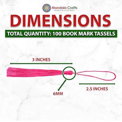 Image of Mandala Crafts Small Hot Pink Bookmark Tassels - 100 Bulk Silky Mini Craft Tassels with Loops for Bookmarks, Jewelry Making, Graduation Favors, Keychains, and DIY Decorations
