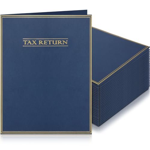 Nezyo Lot de 50 dossiers à deux poches pour déclarations de revenus, format lettre, bleu foncé, avec poches et étiquettes dorées imprimées pour ranger ou...