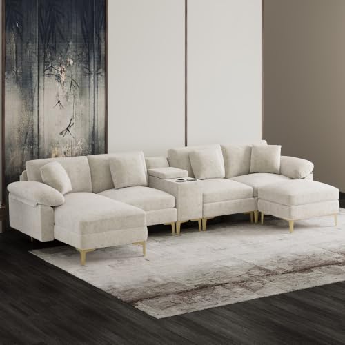 Image of OUYESSIR U-Shaped Sectional Sofa Couch, 4 Seat Sofa Set for Living Room, Convertible U-Shaped Chenille Couch Set with USB Port Central Console Ottoman,128 inches (Beige White)