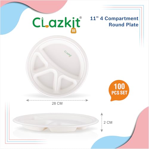 Image of Clazkit 11 Inch 100 Pack, 4 -Compartment Disposable Bagasse Plates | Eco-Friendly, Biodegradable, Sugarcane Paper Plates | for Serving Dinner | Birthday, Wedding & Party | Round