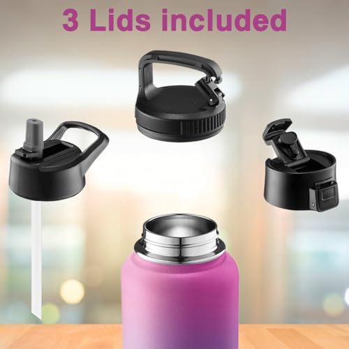 GARUET 950 ml Dreifach isolierte Wasserflasche mit Strohhalm - Edelstahl Metallflasche mit 3 auslaufsicheren Deckeln - Für Reisen, Schule, Sport, Fitness/Männer, Frauen & Kinder (Pacific Blue Rose