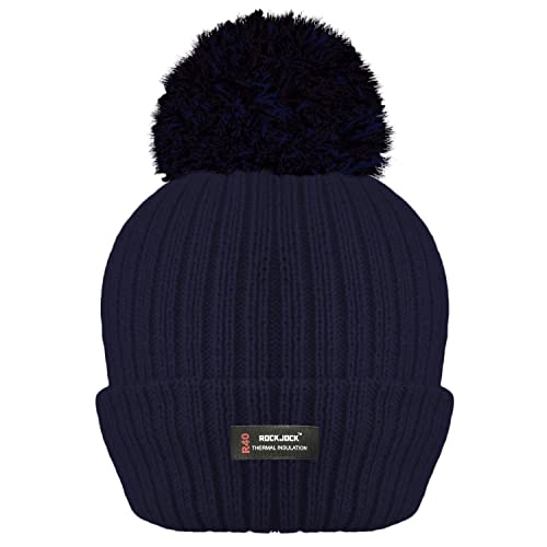 RockJock Gorro de invierno para mujer con pompón acanalado con aislamiento térmico avanzado R40, azul marino, Talla única
