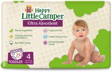 Happy Little Camper Ultra-Absorbent Hypoallergenic Natural Disposable Baby Diapers, Chlorine-Free Protection for Sensitive Skin, Toddler, Size 4, 174 Count
