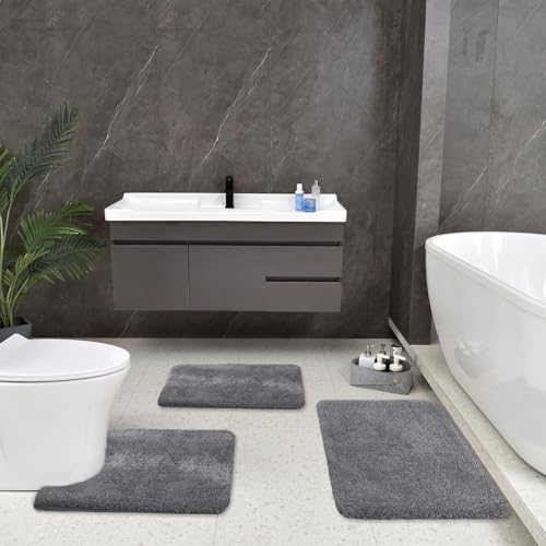 wyewye Juego de 3 alfombras de baño, ultra suaves y absorbentes de agua, antideslizantes, lavables a máquina, alfombra de baño de felpa gruesa con alfombrilla en forma de U para suelo de baño, bañera