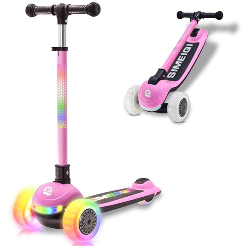 Patinete de 3 ruedas para niños con luces LED, manillar y cubierta, patinete plegable de 3 ruedas para niños y niñas de 3 a 12 años, inclinarse para dirigir, ruedas extra anchas, patinete para niños