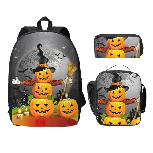 Sac à dos imprimé citrouille d'Halloween avec sac à livres et trousse scolaire noire