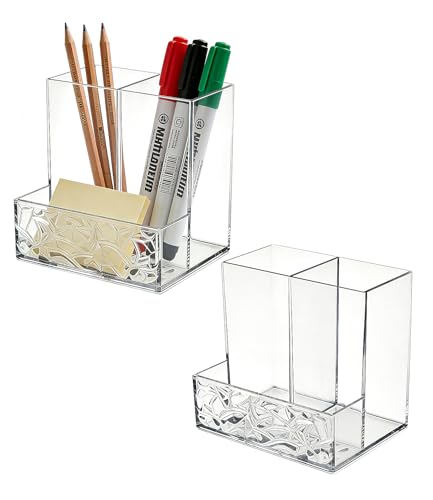 Image of 2 Pack Clear PET Pen Holder, 3 Compartment Desk Organizer, Shatter-Resistant, Stronger Than Acrylic, for Office Home School Bathroom Makeup