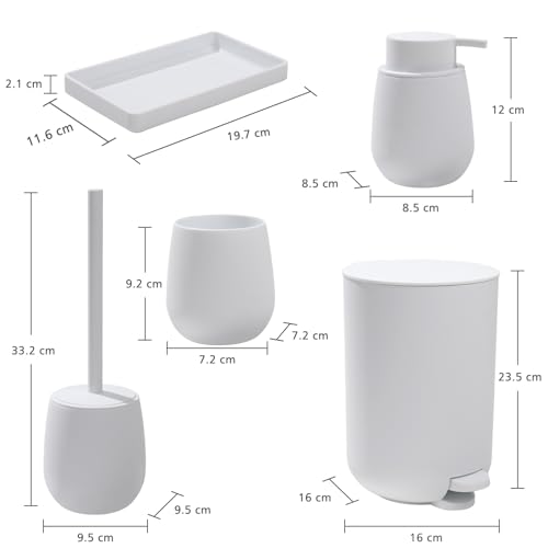 AJEUNGAIN Badset Badezimmer Set Weiß, Modern Badausstattung Sets Organizer, Bad Set Mülleimer Klobürste Seifenspender und Zahnputzbecher Tablett 5 Teiliges (Weiß)