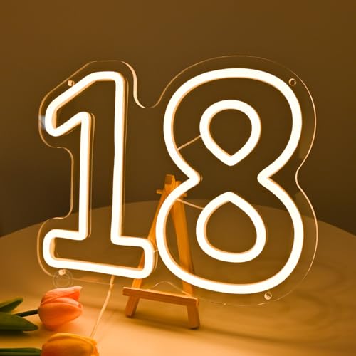 Image of Britrio 18th Birthday Neon Sign Backdrop Decoration LED Neon Light for 18 Years Old Birthday Anniversary Party Wall Decor Banner Supplies for Girl Boy Light Up Number Letter 5V USB Warm White 11.81 inch
