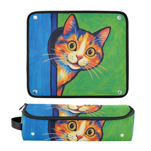 Estuche de viaje 2 en 1 para rizadores y planchas con protección contra el calor, organizador para herramientas de cabello, bolsa con diseño de gato verde y azul miniatura 3