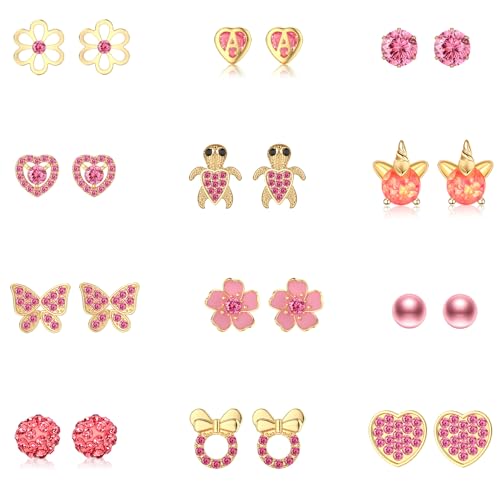 12/18 Pairs Hypoallergenic Stainless Steel Stud Earrings for Girls Women Cute Pearl Ball CZ Heart Butterfly Flower Love Knot Stud Earrings Set for Teen Girls