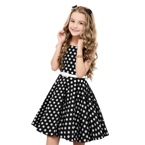 HB HBB MAGIC Girls Vintage Dress 50s Retro Twirling Special Occasion Dresses Size 6-14 Sleeveless Kids Dress Black Polka Dot