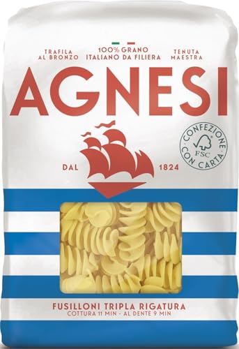 Agnesi Fusilloni Rigati Rigatissime - Pasta di Semola di Grano Duro 100% Italiano, Trafilatura al Bronzo, Confezione in Carta FSC, 500 Grammi