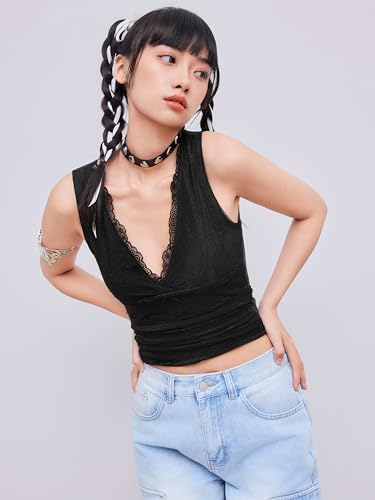 Image of CIDER Lace Crop Tank Tops for Women Going Out V Neck Sleeveless Ruched Tops Trendy Y2K Summer Outfits