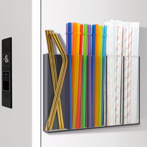 Magnetic Acrylic Straw Holder, Cabinet Straw Organizer with Double Sided Adhesive Tape, Tall Reusable Straws Storage Container, Drinking Straws Dispenser for Fridge, Cupboard Door, Kitchen (Clear)