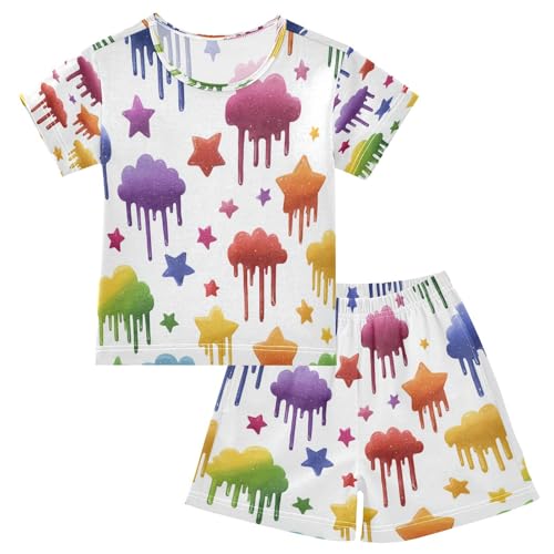 Pajama Sets Short Sleeve Dripping Clouds Stars Colorful Soft Cotton Summer Sleepwear 2 Piece PJS Size 5-14T