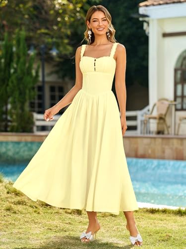 Image of KUTUMAI Women Summer Corset Midi Floral Wedding Guest Dresses with Pockets | Lace Neck, Smocked Back, Flowy A Line Sundress for 2026 Engagement Photoshoot Bridal Shower Garden Party