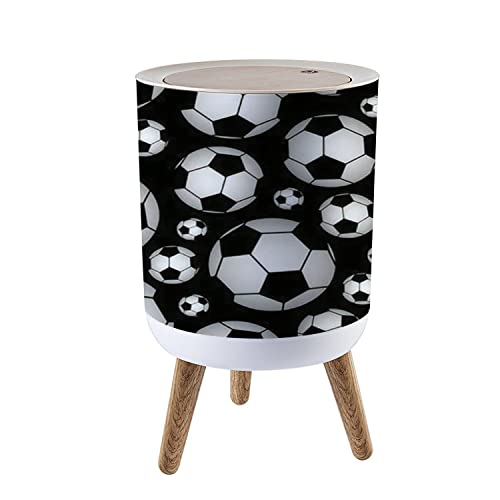 Image of Trash Can with Lid Cute Seamless with Soccer Balls Press Cover Small Garbage Bin Round with Wooden Legs Waste Basket for Bathroom Kitchen Bedroom 7L /1.8 Gallon