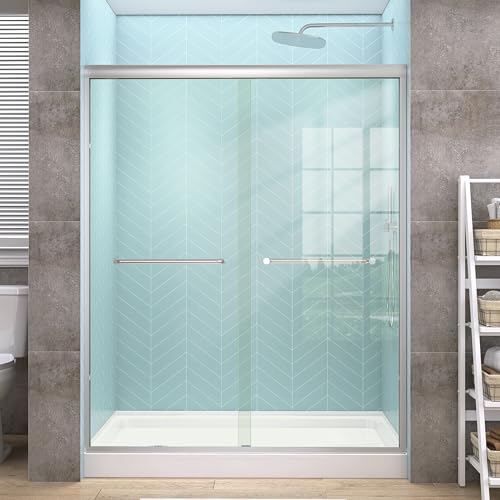 GETPRO Semi-Frameless Shower Door Double Sliding 56-60 in. W x 72 in. H Bypasss Bathroom Glass Shower Sliding Doors,1/4 inch Clear Tempered Glass Door for Walk-in Shower Brushed Nickel