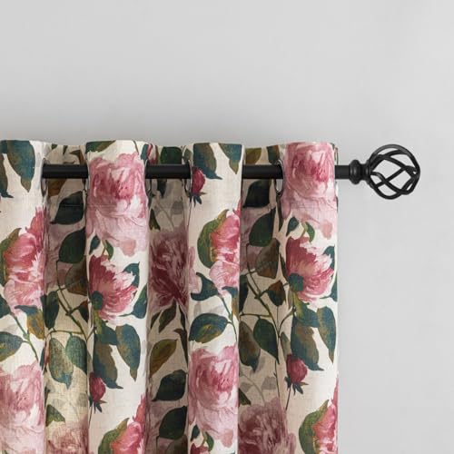 Image of ALIGOGO Pink Floral Linen Curtains for Kitchen, 2 Panels 50 inch W x 54 inch L